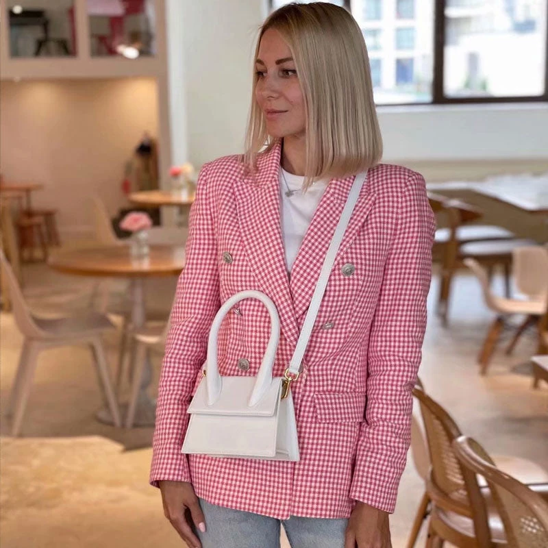 Trendy & Unique What's New Modern Long Sleeve Lapel Collar Houndstooth Print Blazer - Pink 3 Trendy & Unique What's New Modern Long Sleeve Lapel Collar Houndstooth Print Blazer - Pink