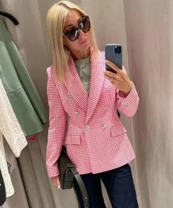 Trendy & Unique What's New Modern Long Sleeve Lapel Collar Houndstooth Print Blazer - Pink