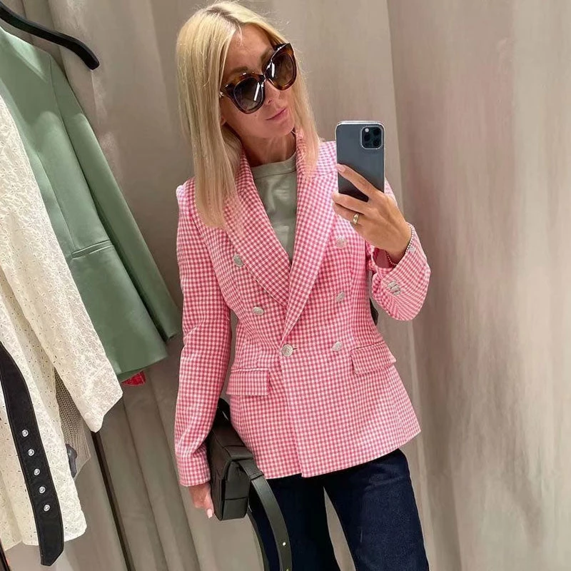 Trendy & Unique What's New Modern Long Sleeve Lapel Collar Houndstooth Print Blazer - Pink 4 Trendy & Unique What's New Modern Long Sleeve Lapel Collar Houndstooth Print Blazer - Pink