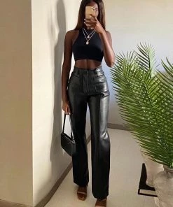Trendy & Unique Modern Patch Pocket High Waist Straight Leg Leather Pants - Black What's New
