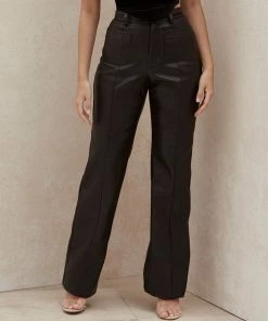 Trendy & Unique Modern Patch Pocket High Waist Straight Leg Leather Pants - Black What's New