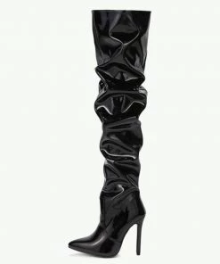 Trendy & Unique What's New Modern Pointed Toe Stiletto Heel Leather Thigh High Boots - Black