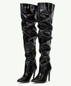 Trendy & Unique What's New Modern Pointed Toe Stiletto Heel Leather Thigh High Boots - Black