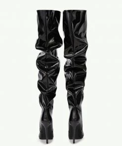 Trendy & Unique What's New Modern Pointed Toe Stiletto Heel Leather Thigh High Boots - Black