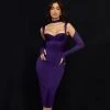 Trendy & Unique Modern Satin Mesh Cold Shoulder Long Sleeve Midi Dress - Purple 1 Trendy & Unique Modern Satin Mesh Cold Shoulder Long Sleeve Midi Dress - Purple