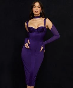 Trendy & Unique Modern Satin Mesh Cold Shoulder Long Sleeve Midi Dress - Purple