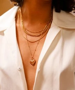 Trendy & Unique Jewelry Modern Style Beaded Link Chain Puffy Heart Charm Necklace - Gold