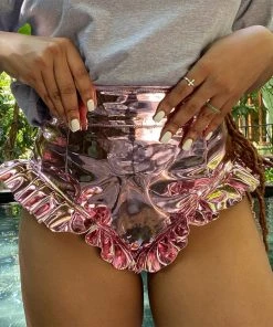 Trendy & Unique Modern Style High Waist Ruffle Wide Leg Leather Shorts - Pink What's New