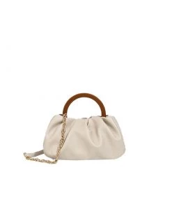 Trendy & Unique Modern Style Loop Top Scrunch Trim Leather Tote Bag - Beige