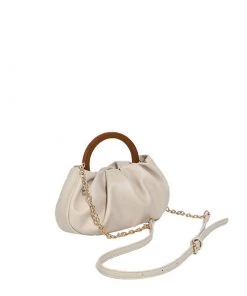 Trendy & Unique Modern Style Loop Top Scrunch Trim Leather Tote Bag - Beige