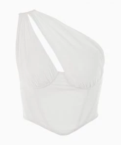 Trendy & Unique What's New Modern Style One Shoulder Cut Out Bustier Crop Top - White