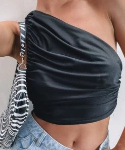 Trendy & Unique Modern Style Ruched Trim One Shoulder Cropped Tank Top - Black What's New
