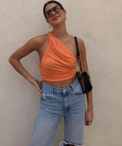 Trendy & Unique Modern Style Ruched Trim One Shoulder Cropped Tank Top - Orange What's New