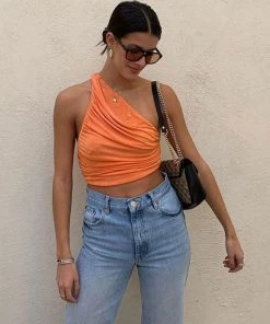 Trendy & Unique Modern Style Ruched Trim One Shoulder Cropped Tank Top - Orange What's New