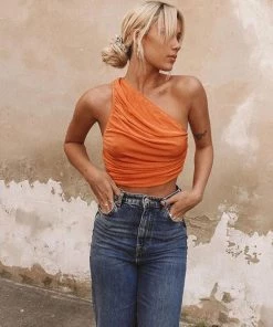 Trendy & Unique Modern Style Ruched Trim One Shoulder Cropped Tank Top - Orange What's New