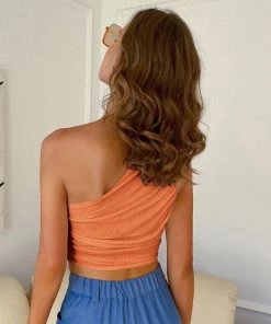 Trendy & Unique Modern Style Ruched Trim One Shoulder Cropped Tank Top - Orange What's New