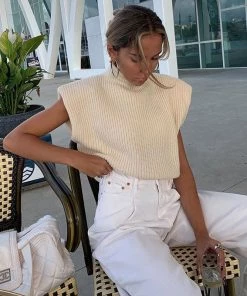 Trendy & Unique Modern Style Shoulder Pad High Neck Rib Pullover Sweater - Apricot