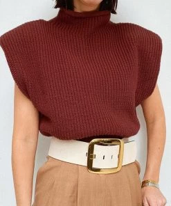 Trendy & Unique Modern Style Shoulder Pad High Neck Rib Pullover Sweater - Burgundy What's New