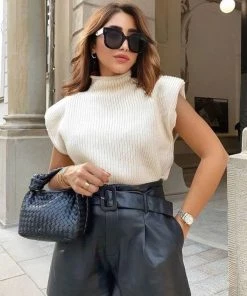 Trendy & Unique Modern Style Shoulder Pad High Neck Rib Pullover Sweater - White What's New