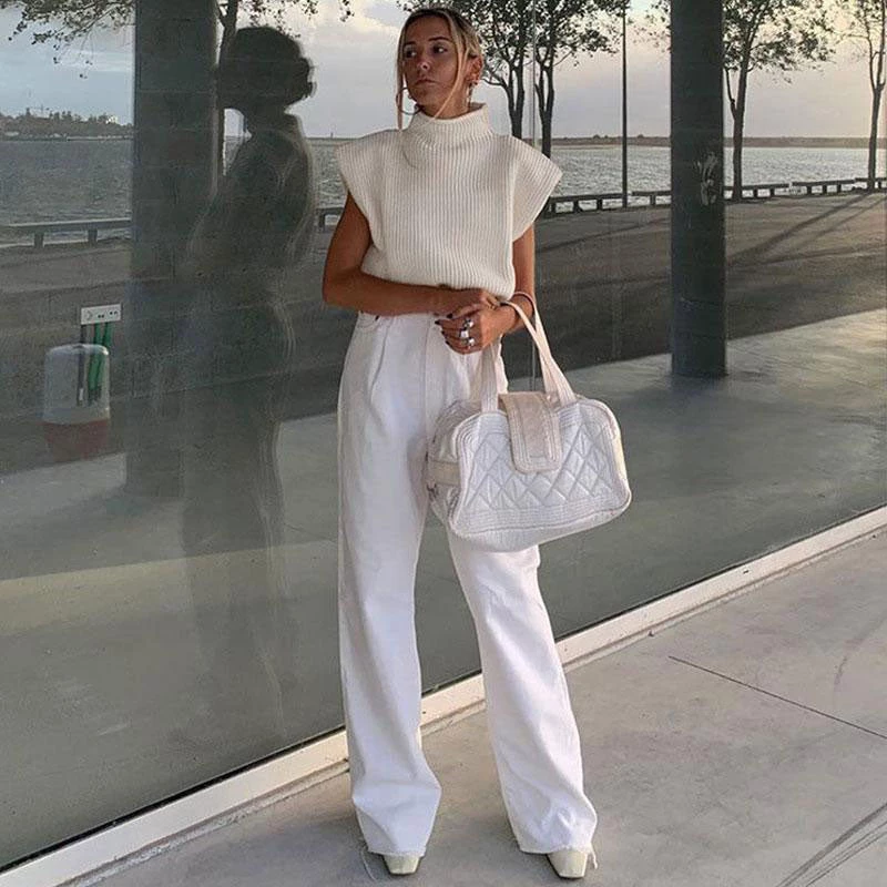 Trendy & Unique Modern Style Shoulder Pad High Neck Rib Pullover Sweater - White What's New 6 Trendy & Unique Modern Style Shoulder Pad High Neck Rib Pullover Sweater - White What's New