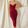 Trendy & Unique Modern V Neck Floss Strap Ruched Bodycon Cocktail Midi Dress - Burgundy