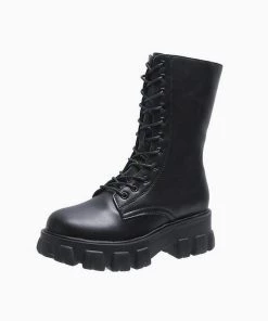 Trendy & Unique What's New Modern Lace Up Zip Side Lug Sole Chunky Heel Mid Calf Boots - Black