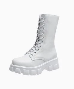 Trendy & Unique Modern Lace Up Zip Side Lug Sole Chunky Heel Mid Calf Boots - White Shoes