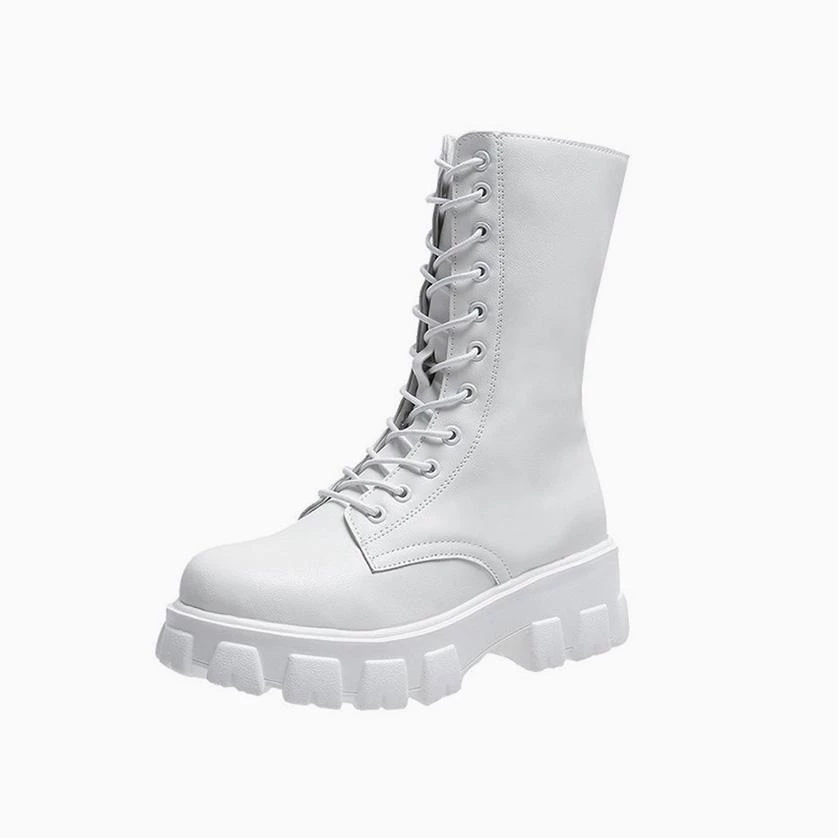 Trendy & Unique Modern Lace Up Zip Side Lug Sole Chunky Heel Mid Calf Boots - White Shoes 3 Trendy & Unique Modern Lace Up Zip Side Lug Sole Chunky Heel Mid Calf Boots - White Shoes