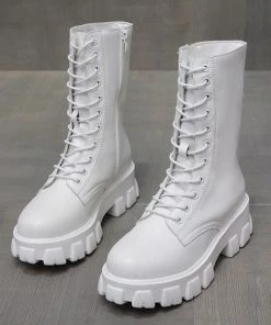 Trendy & Unique Modern Lace Up Zip Side Lug Sole Chunky Heel Mid Calf Boots - White Shoes