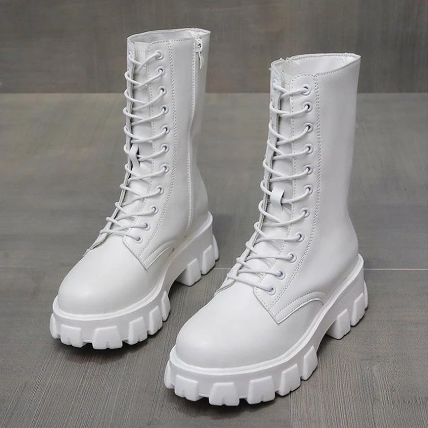 Trendy & Unique Modern Lace Up Zip Side Lug Sole Chunky Heel Mid Calf Boots - White Shoes 4 Trendy & Unique Modern Lace Up Zip Side Lug Sole Chunky Heel Mid Calf Boots - White Shoes
