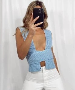 Trendy & Unique Multi-Way Bandage Tie Strap Cropped Knit Tank Top - Blue