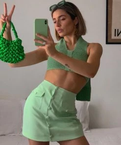 Trendy & Unique Multi-Way Bandage Tie Strap Cropped Knit Tank Top - Emerald Green What's New