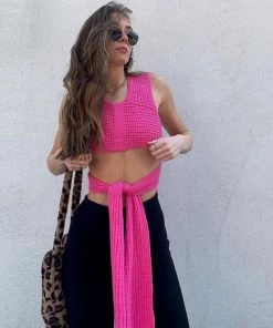 Trendy & Unique Multi-Way Bandage Tie Strap Cropped Knit Tank Top - Pink