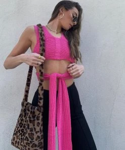 Trendy & Unique Multi-Way Bandage Tie Strap Cropped Knit Tank Top - Pink