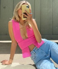 Trendy & Unique Multi-Way Bandage Tie Strap Cropped Knit Tank Top - Pink