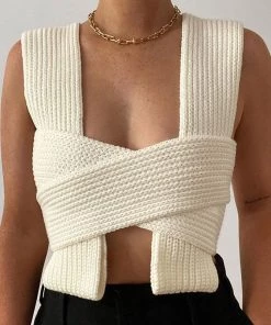 Trendy & Unique What's New Multi-Way Bandage Tie Strap Cropped Knit Tank Top - White