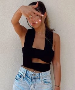 Trendy & Unique Multi-Way Bandage Tie Strap Cropped Knit Tank Top - Black What's New