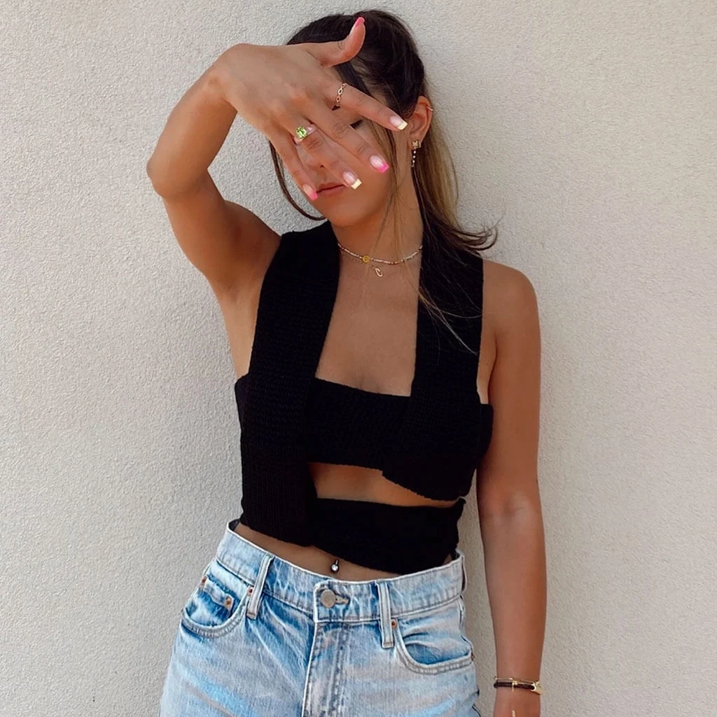 Trendy & Unique Multi-Way Bandage Tie Strap Cropped Knit Tank Top - Black What's New 4 Trendy & Unique Multi-Way Bandage Tie Strap Cropped Knit Tank Top - Black What's New