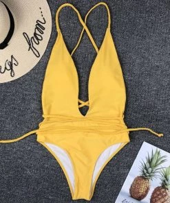 Trendy & Unique Multi-Way Low Back High Leg Brazilian One Piece Swimsuit - Yellow What's New