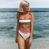 Trendy & Unique Nautical Style Contrast Edge Striped Textured Bralette Bikini Set - White