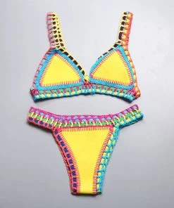 Trendy & Unique What's New Trendy Reversible Neoprene Crochet Banded Triangle Bikini Set - Yellow