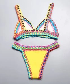 Trendy & Unique What's New Trendy Reversible Neoprene Crochet Banded Triangle Bikini Set - Yellow