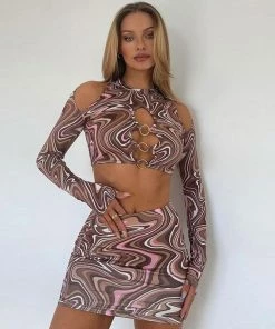 Trendy & Unique Night Out Tie Dye Cut Out Long Sleeve Skirt Matching Set - Brown What's New