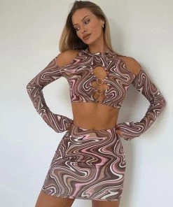 Trendy & Unique Night Out Tie Dye Cut Out Long Sleeve Skirt Matching Set - Brown What's New