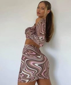 Trendy & Unique Night Out Tie Dye Cut Out Long Sleeve Skirt Matching Set - Brown What's New