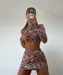 Trendy & Unique Night Out Tie Dye Cut Out Long Sleeve Skirt Matching Set - Brown What's New