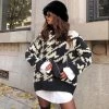 Trendy & Unique Oversized Houndstooth Print Turtleneck Sleeved Pullover Sweater - Black