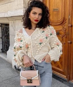 Trendy & Unique Oversized Long Sleeve Button Up Crochet Floral Cardigan - Apricot What's New