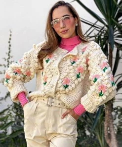 Trendy & Unique Oversized Long Sleeve Button Up Crochet Floral Cardigan - Apricot What's New