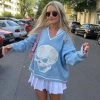 Trendy & Unique Oversized Skull Print Contrast V Neck Long Sleeve Pullover Sweater - Blue